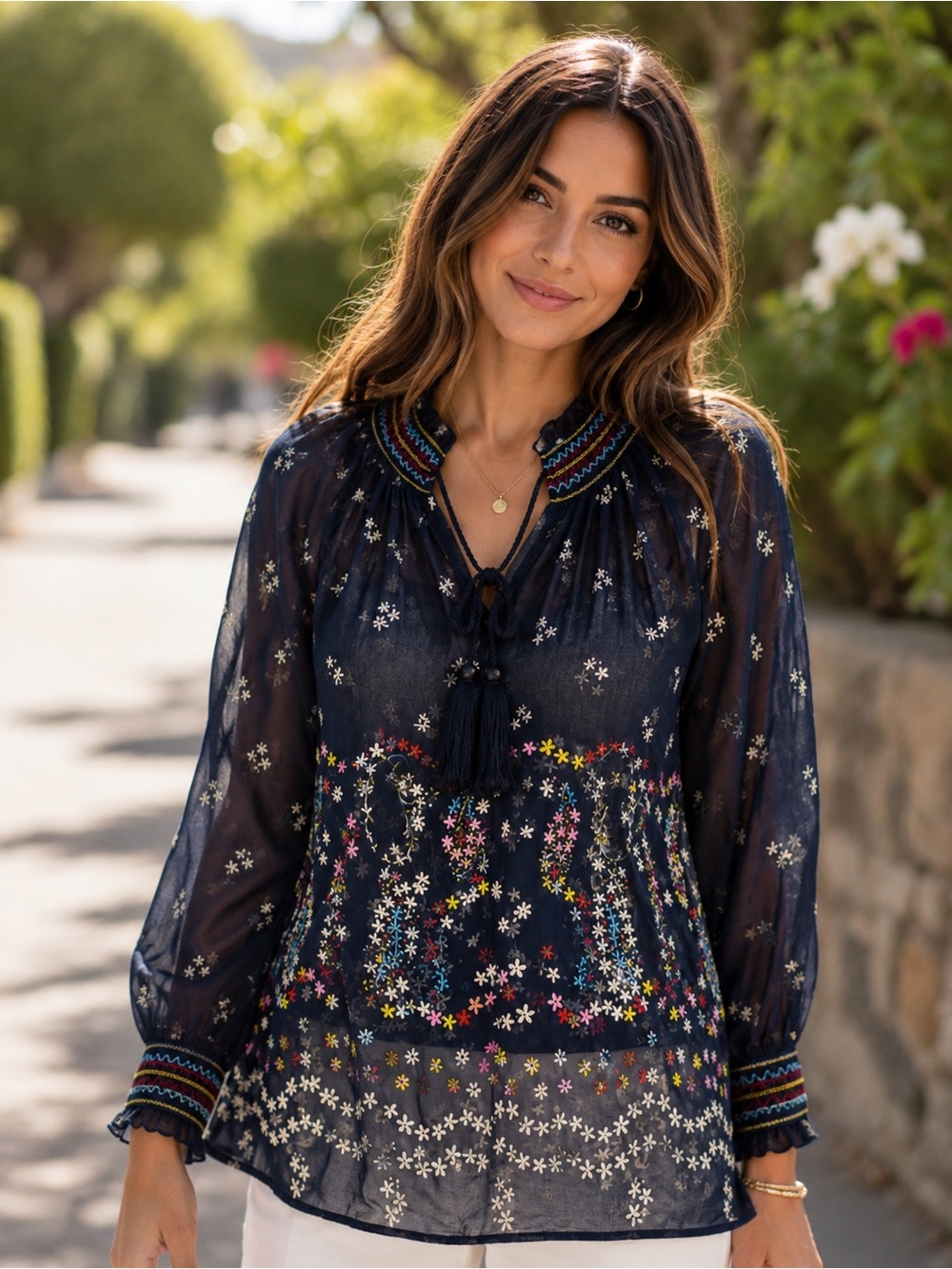 CAbi Enjoy Embroidered Sheer Peasant Blouse Boho Floral Large